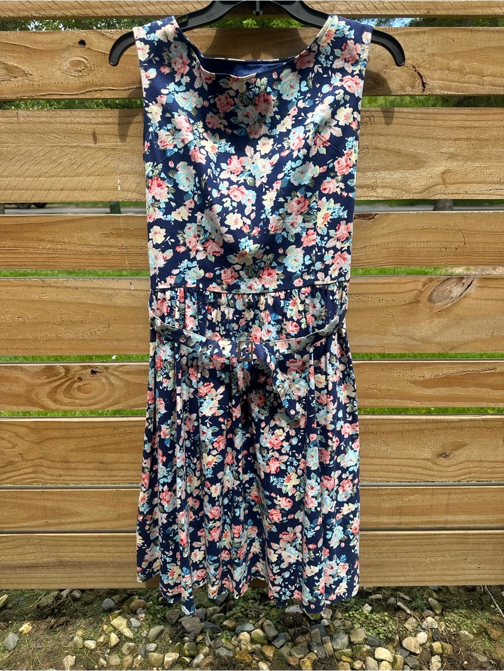 Lindy Bop Navy Floral Fit-and-Flare Dress with Pink and White Blooms